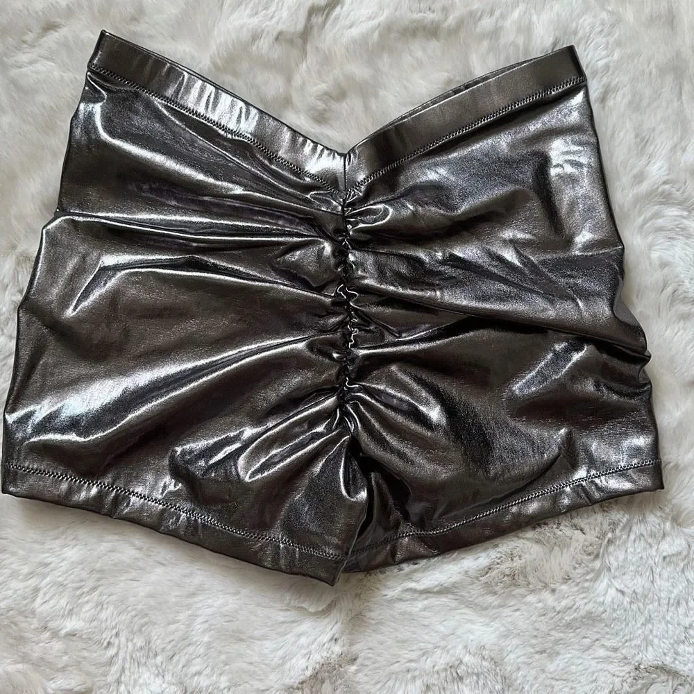 SKIMS Metallic Swim 2PC Set V-Waist Short & Micro Scoop Bikini Top Carbon Size M